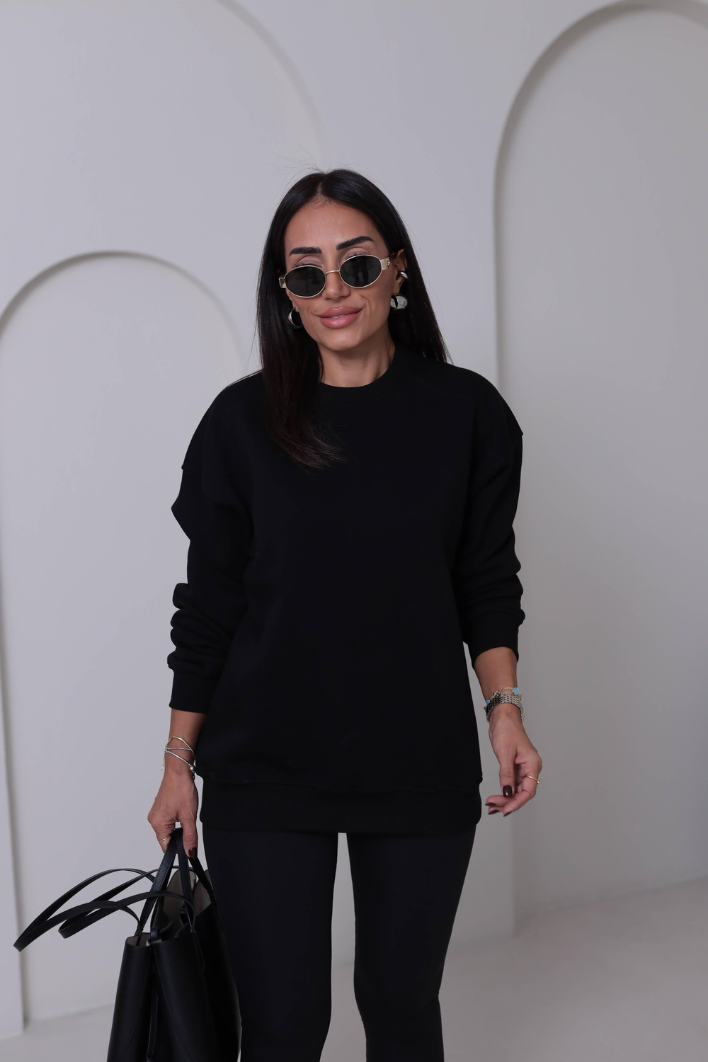 7912 Bisiklet Yaka Şardonlu Sweatshirt SİYAH