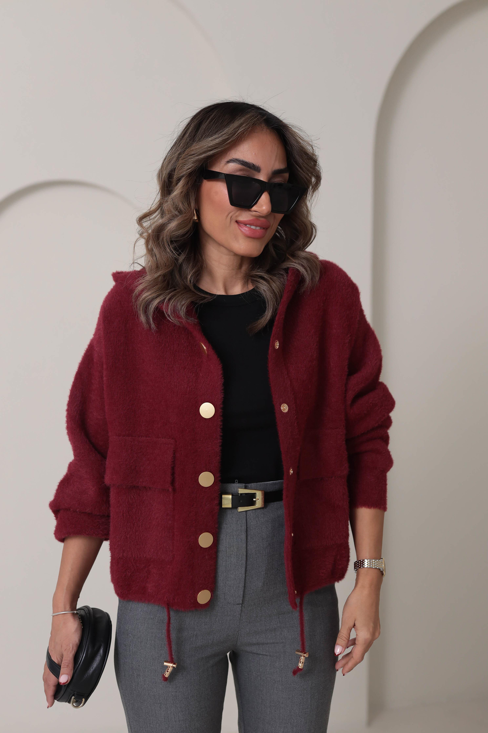 4944 Angora Kapşonlu Gold Düğmeli Hırka BORDO