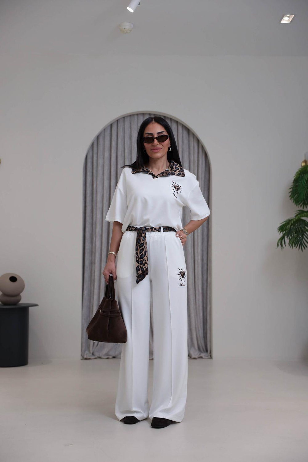 7539 Leopar Saten Yakalı Nakışlı Modal Takım EKRU