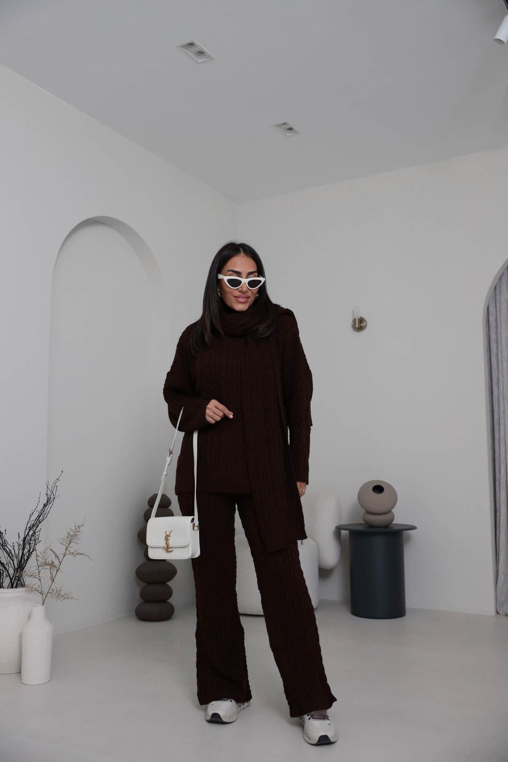 2464 Şal Detaylı Üçlü Triko Takım KAHVE