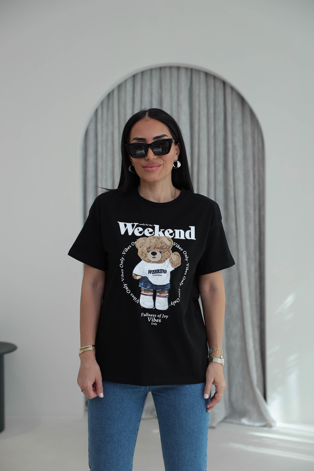 7514 Bisiklet Yaka Teddy Aplikeli Tshirt SİYAH