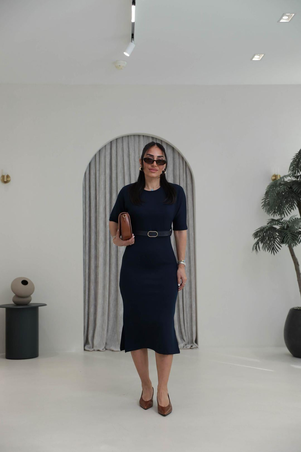 1484 Kemerli Modal Elbise LACİVERT