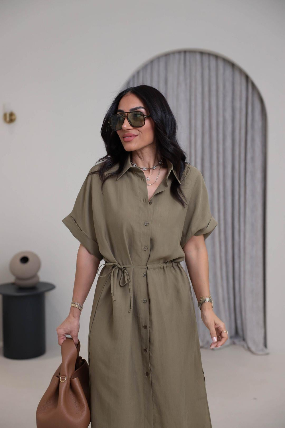 1003 Massi Tencel Gömlek Elbise HAKİ YEŞİL