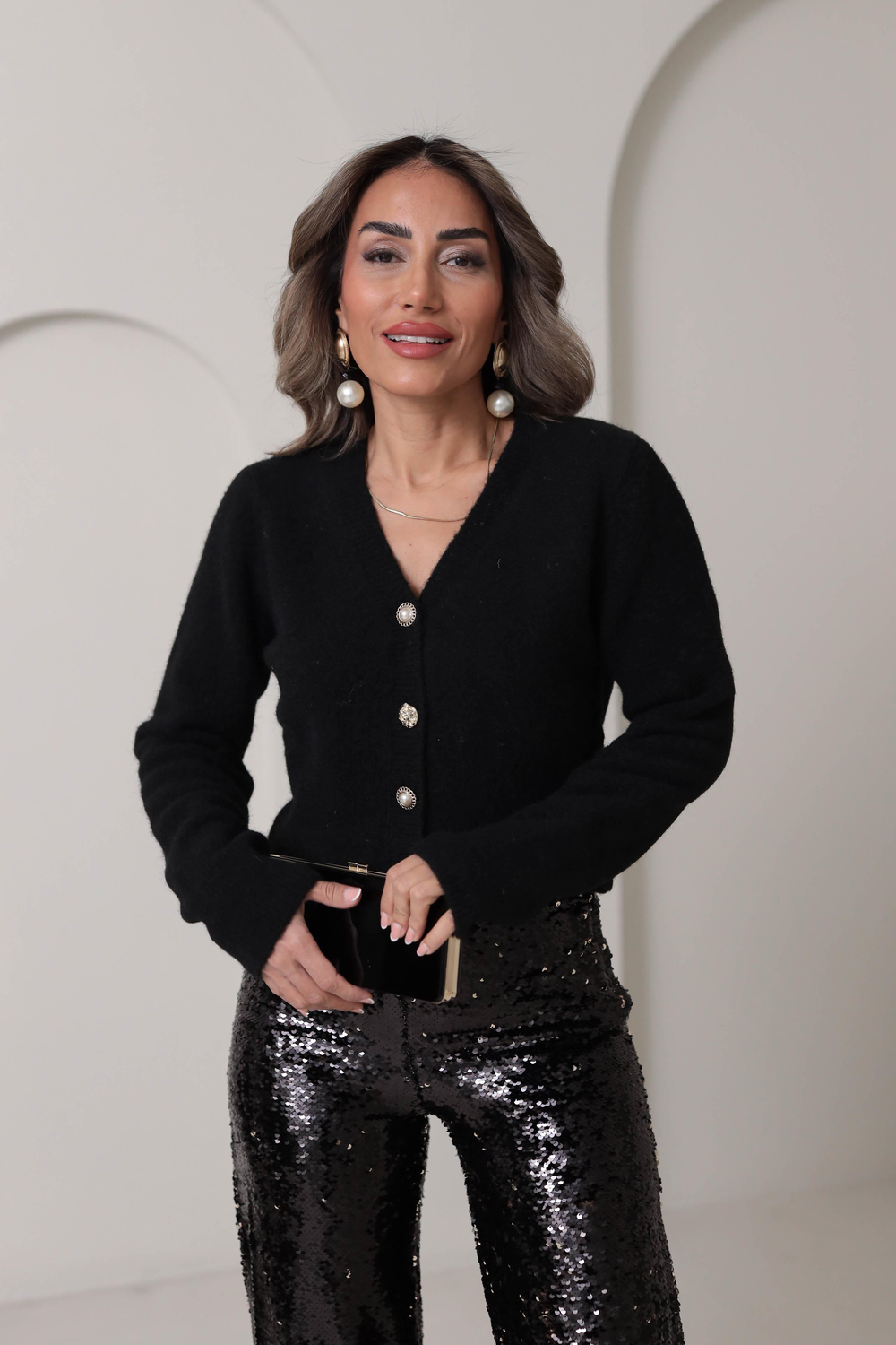 0273 V Yaka Gold Düğme Detaylı Hırka SİYAH