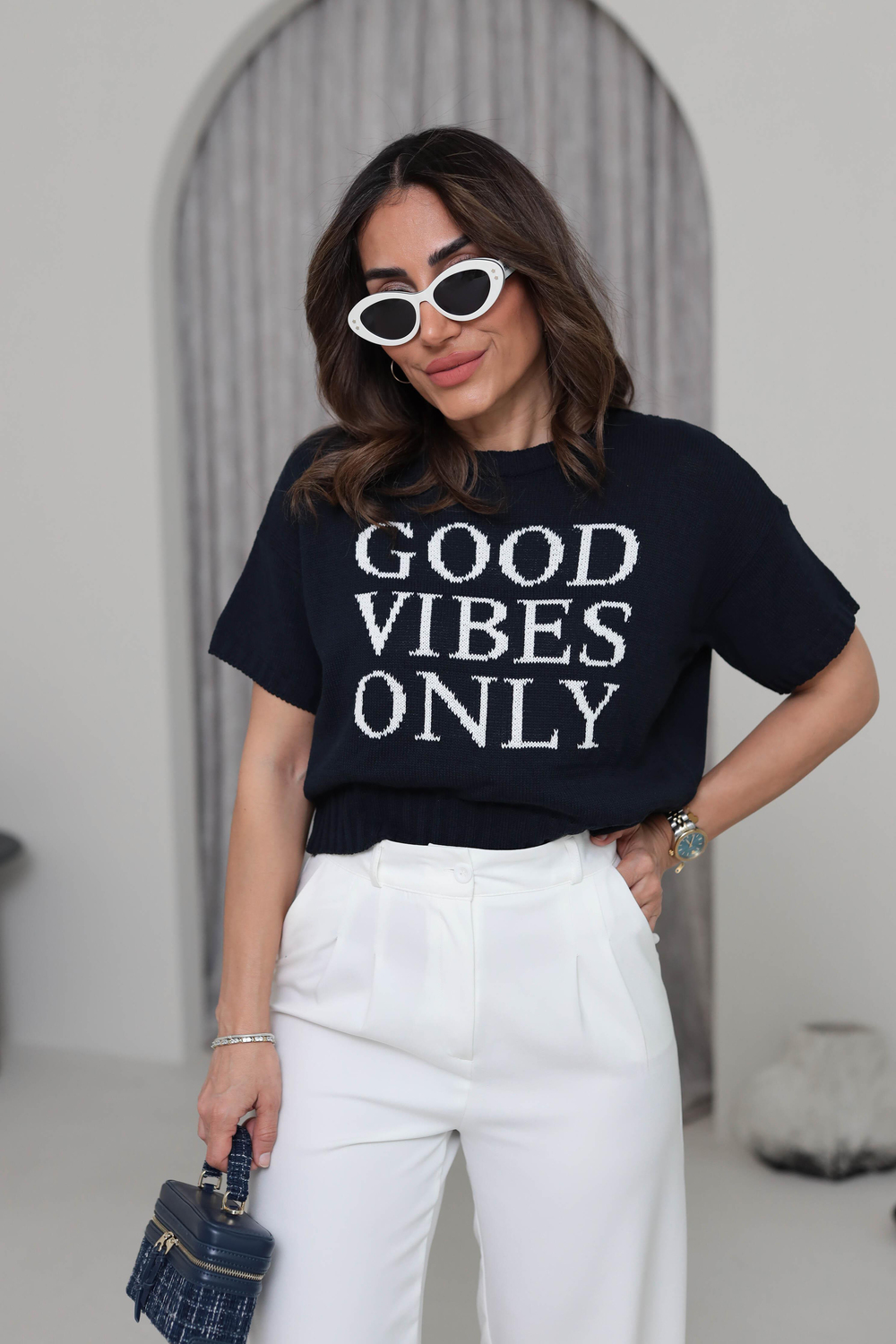 2487 Kısa Kol Ve Önü Yazı Detaylı Triko Bluz LACİVERT