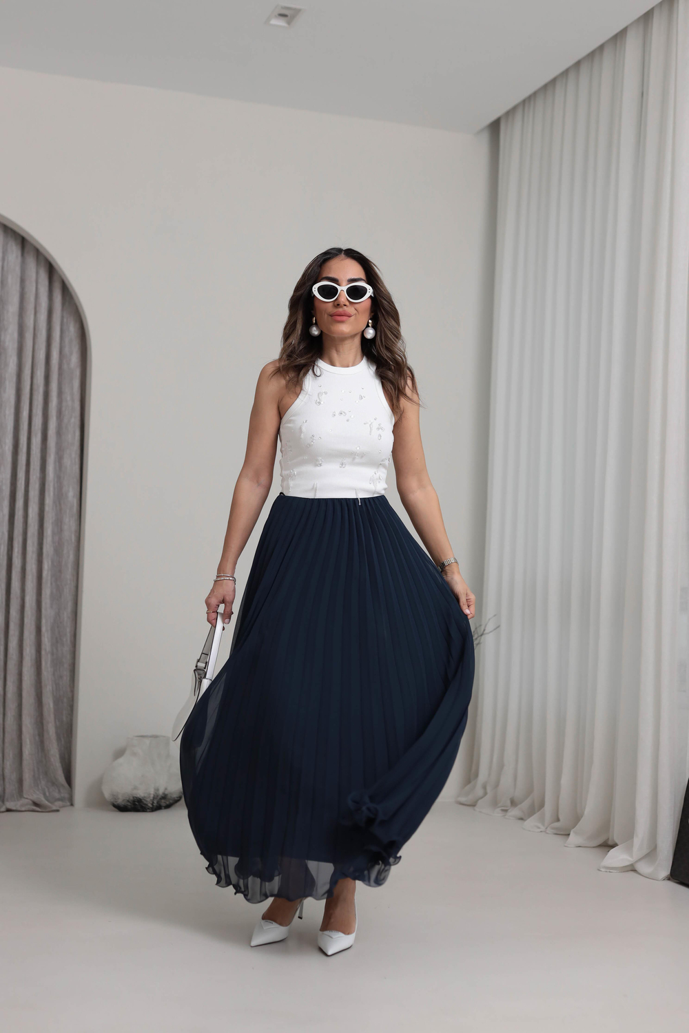 0287 Piliseli Şifon Maxi Etek LACİVERT