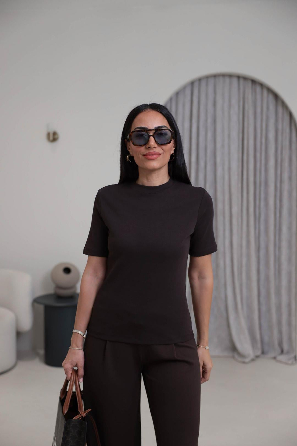 1075 Bisiklet Yaka Pamuklu Basic Tshirt ACI KAHVE