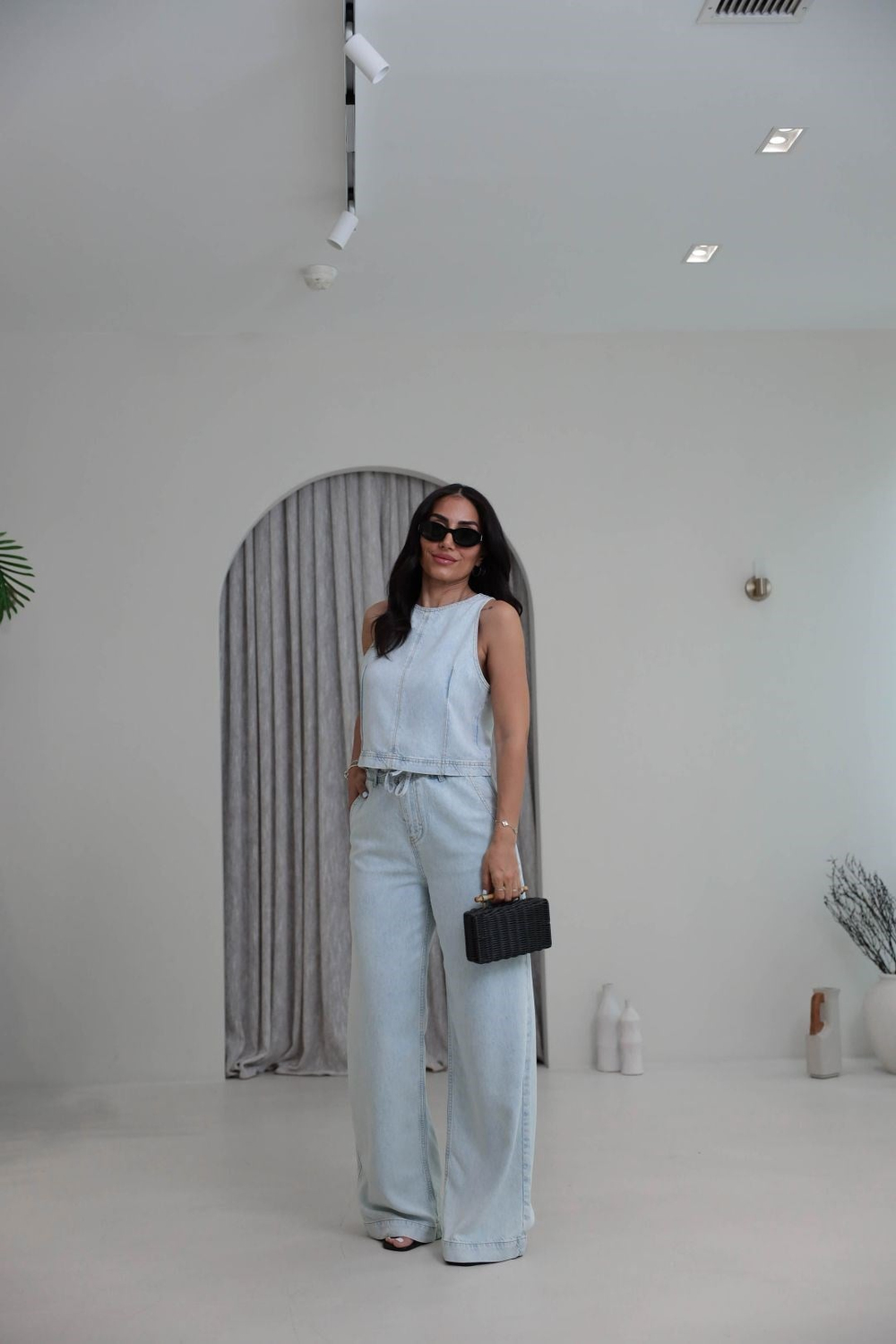 8289 Sıfır Kol Arkası Fermuarlı Tencel Kot Pantolon Bluz Takım BUZ MAVİ