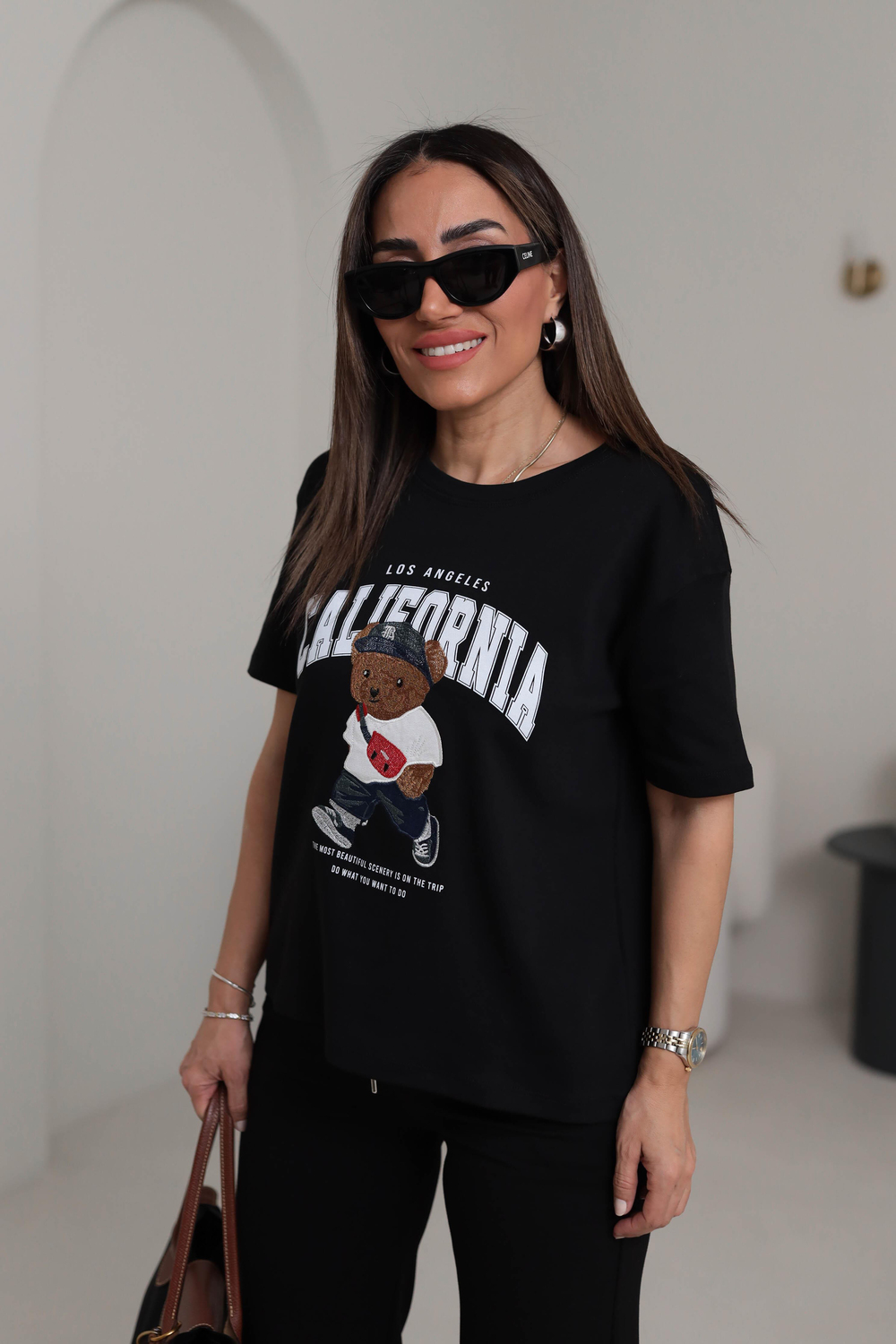 0295 Bisiklet Yaka Tedy Nakışlı Koton Tshirt SİYAH
