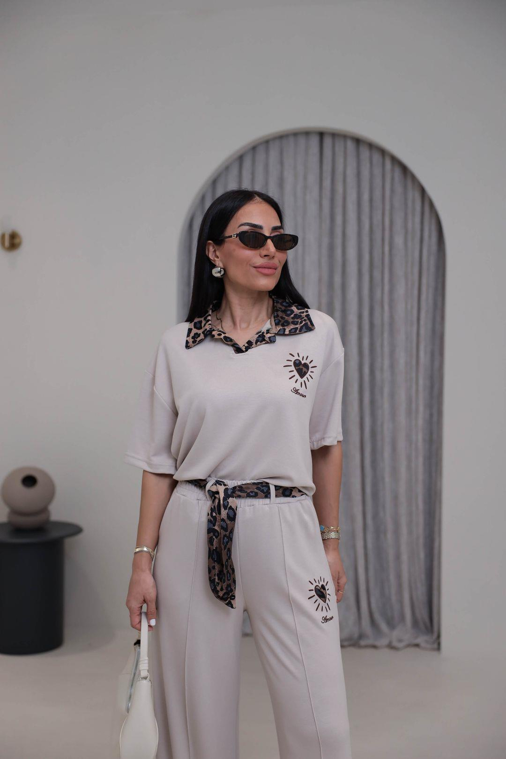 7539 Leopar Saten Yakalı Nakışlı Modal Takım TAŞ