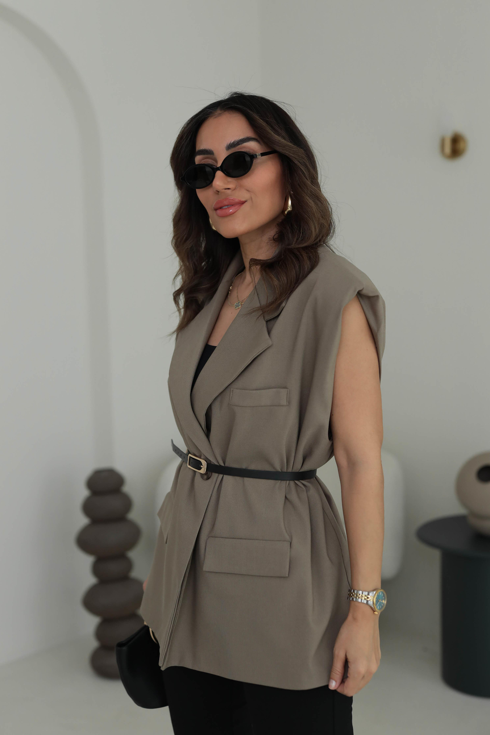 7449 Vatkalı Ve kemerli Yelek Ceket HAKİ YEŞİL