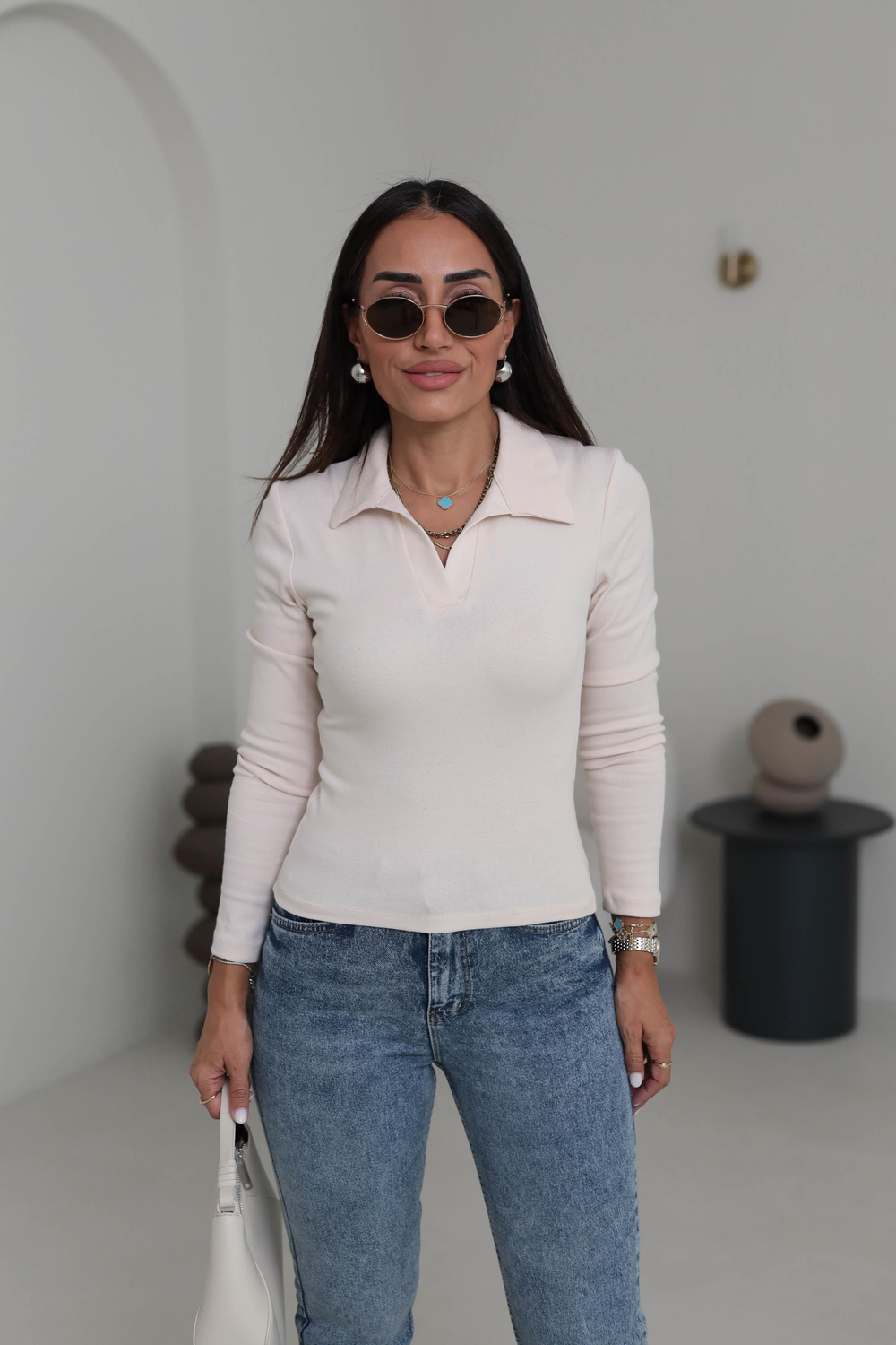 0626 Polo Yaka Uzun Kol Likralı Bluz BEJ