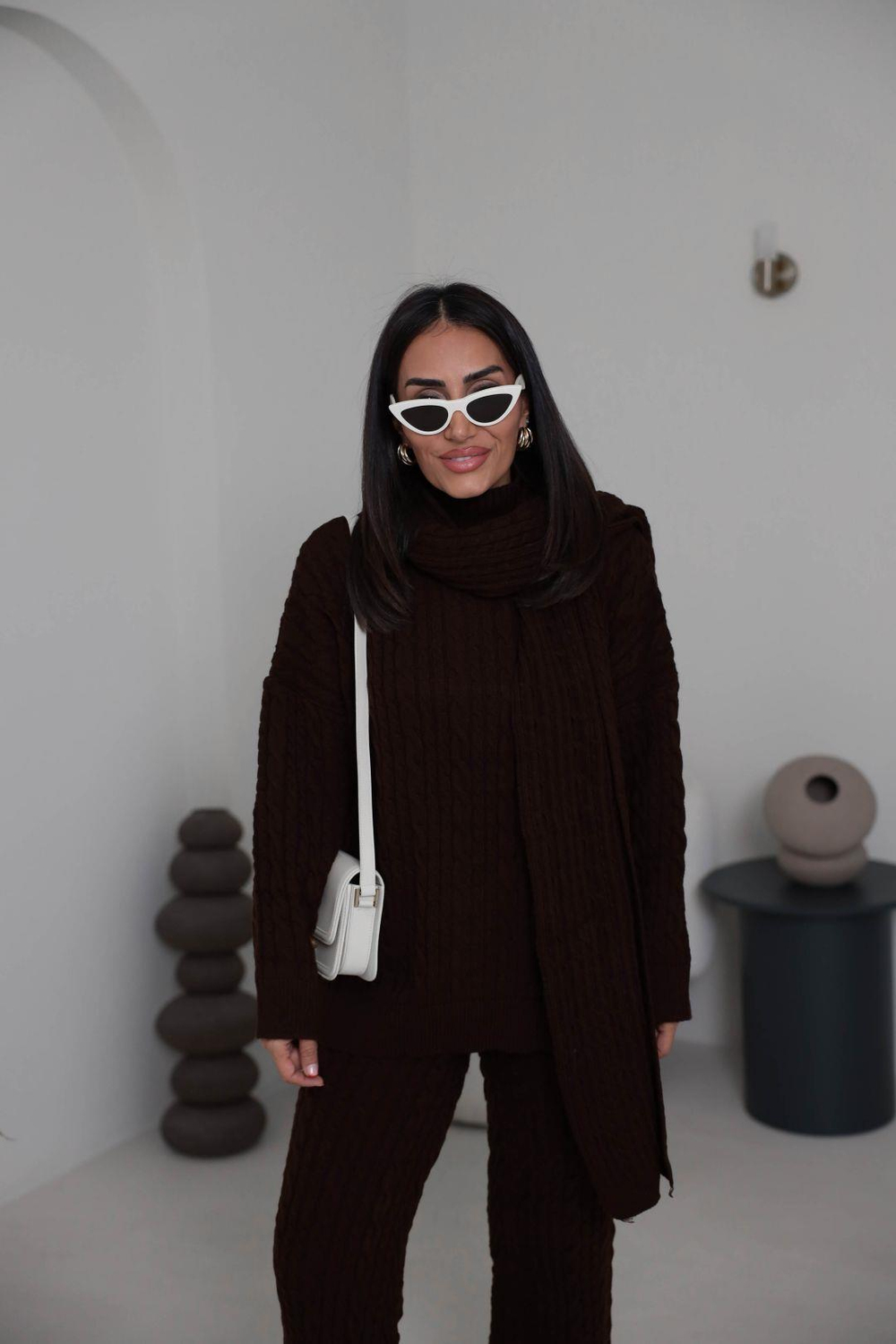 2464 Şal Detaylı Üçlü Triko Takım KAHVE