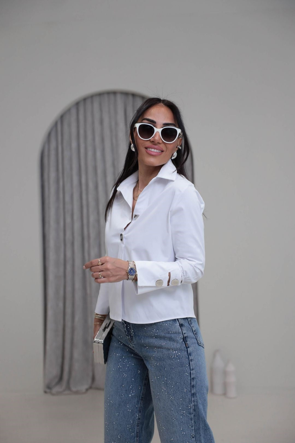 7029 Düğme ve Kol Aksesuarlı Poplin Gömlek BEYAZ