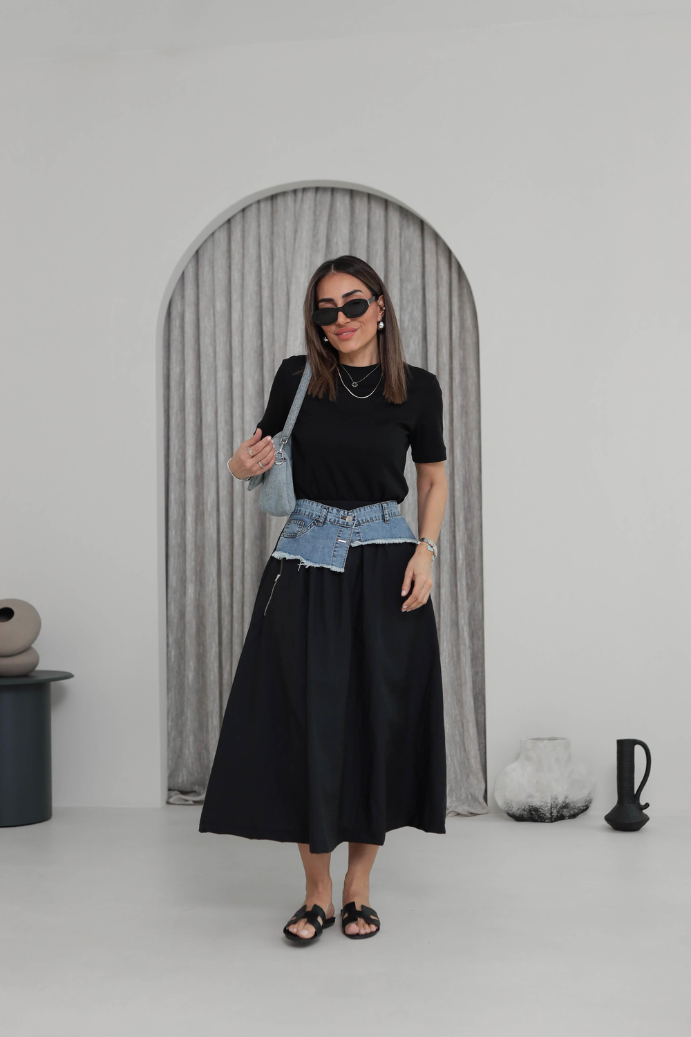 4620 Kot Detaylı Tasarım Etek SİYAH