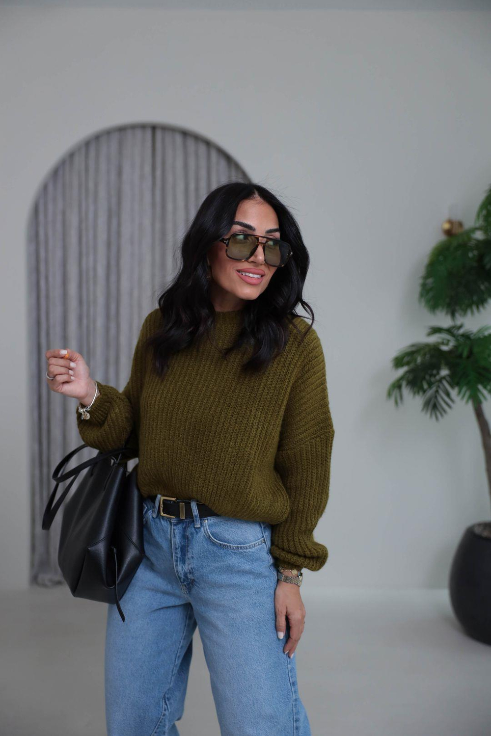 3579 Bisiklet Yaka Örme Oversize Kısa Kazak YAĞ YEŞİLİ