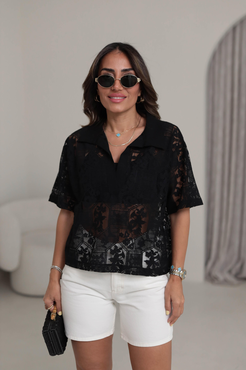 9865 Gömlek Yaka Kısa Kol Dantel Bluz SİYAH