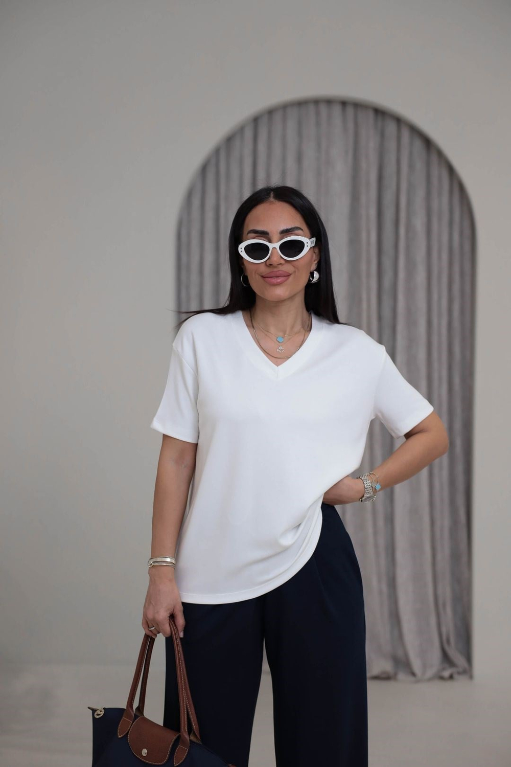 T927 V Yaka Modal Kumaş Tshirt EKRU