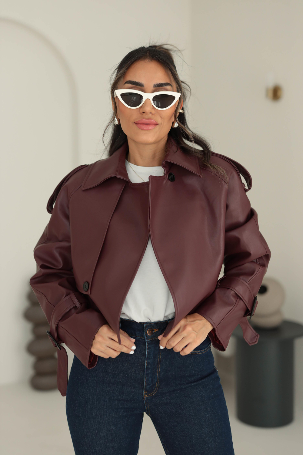 9045 Düğme Detaylı Kolları Kemerli Suni Deri Ceket