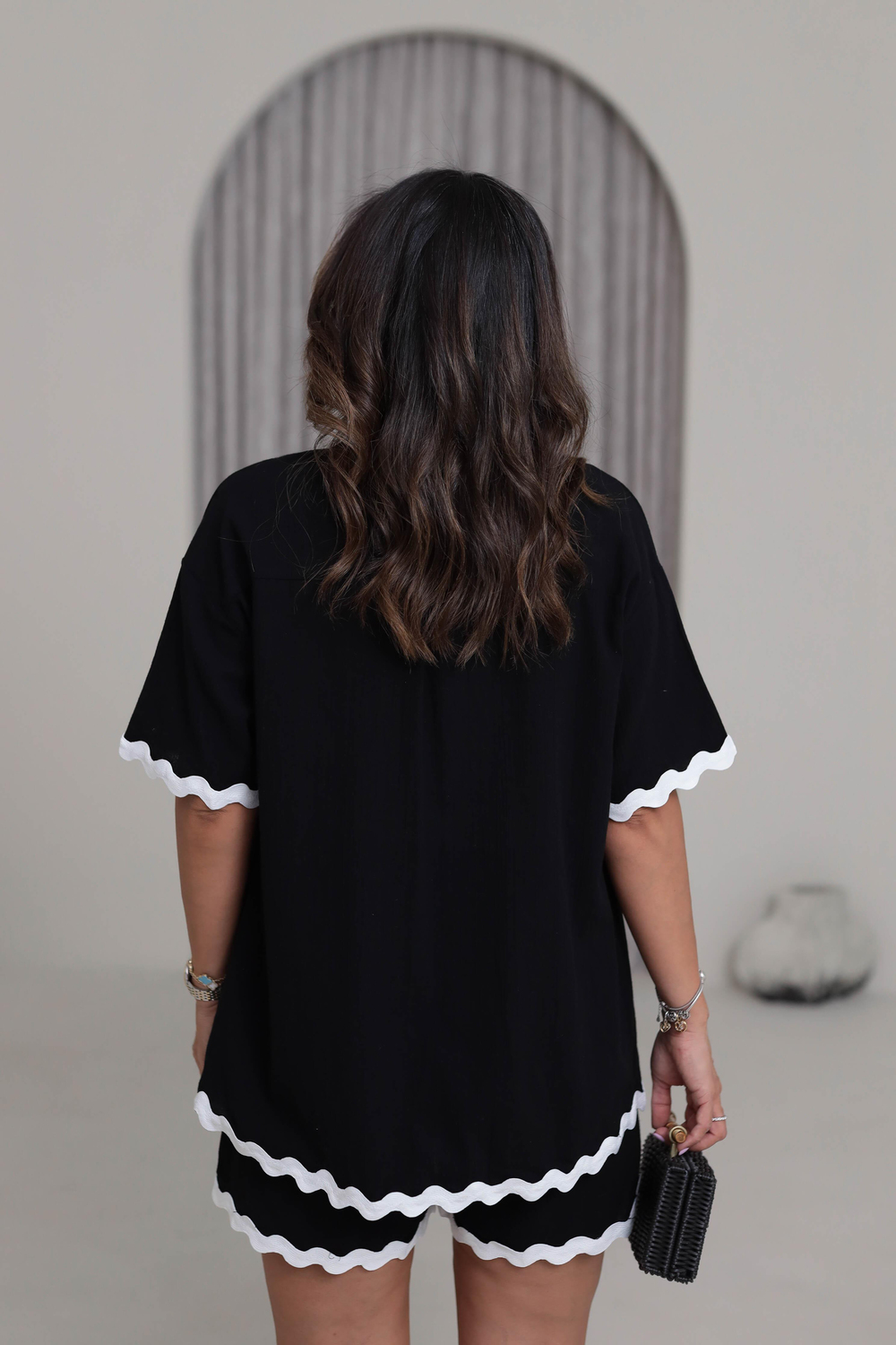 1182 Kontrast Dalga Nakışlı Keten Kimono Şort Takım SİYAH