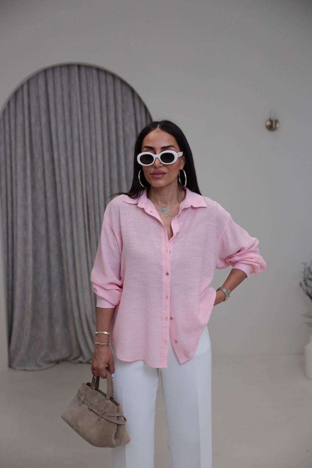 3840 Uzun Kol Dokuma Kumaş Oversize Gömlek ŞEKER PEMBE
