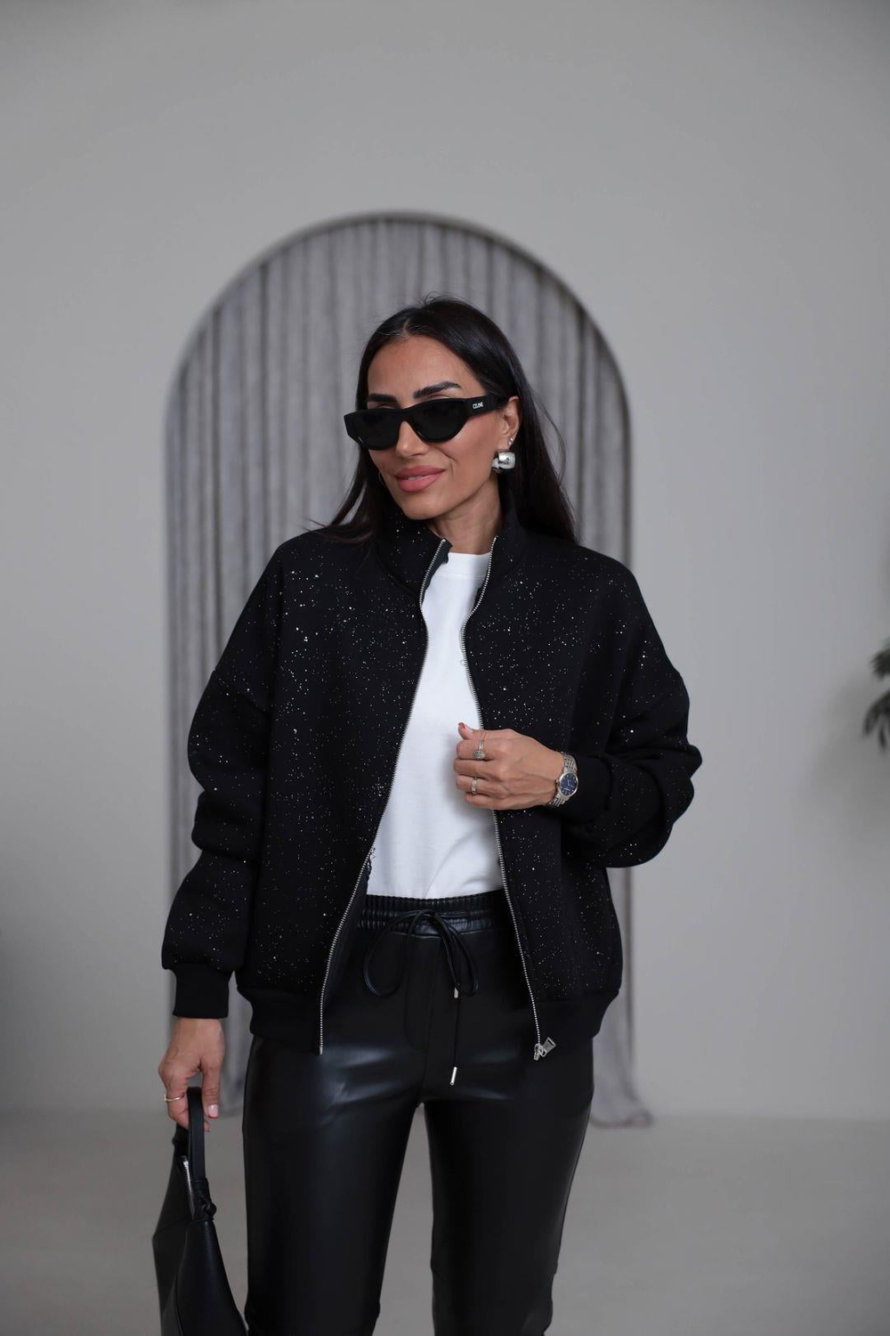 4222 Dik Yaka Önden Fermuarlı Simli Sweatshirt SİYAH