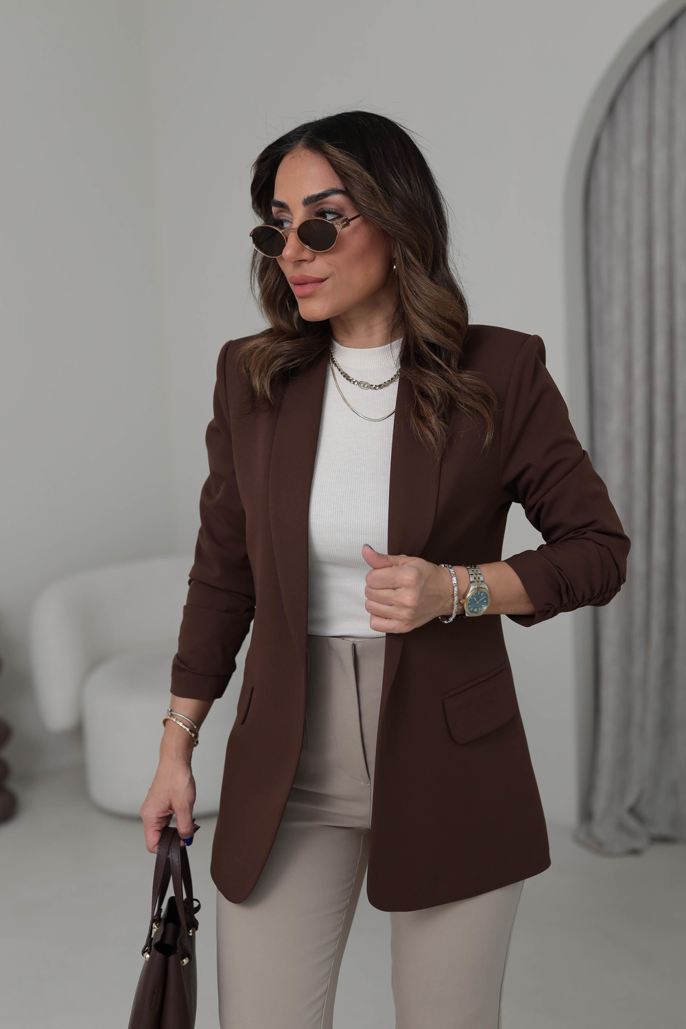 3101K Kol Büzgülü Blazer Ceket KAHVE