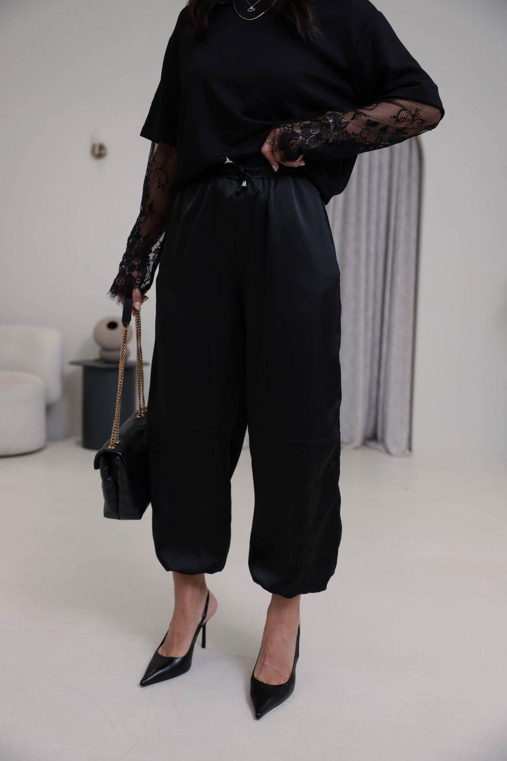 1121 Paça Büzgülü Bel Lastikli Saten Pantolon SİYAH