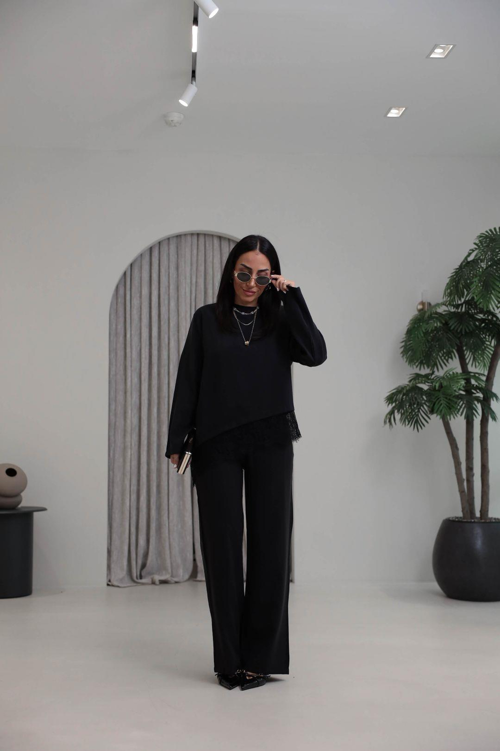 7308 Dantelli Tencel Modal Takım SİYAH