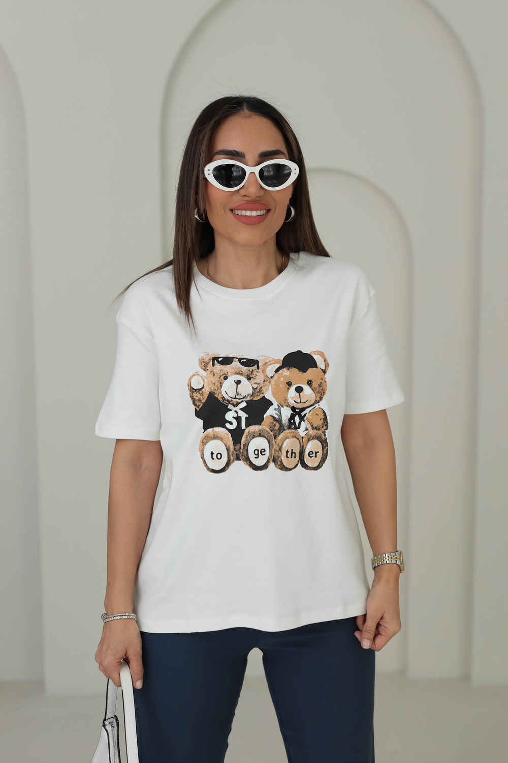 7878 Tedy Baskılı Bisiklet Yaka Tshirt BEYAZ