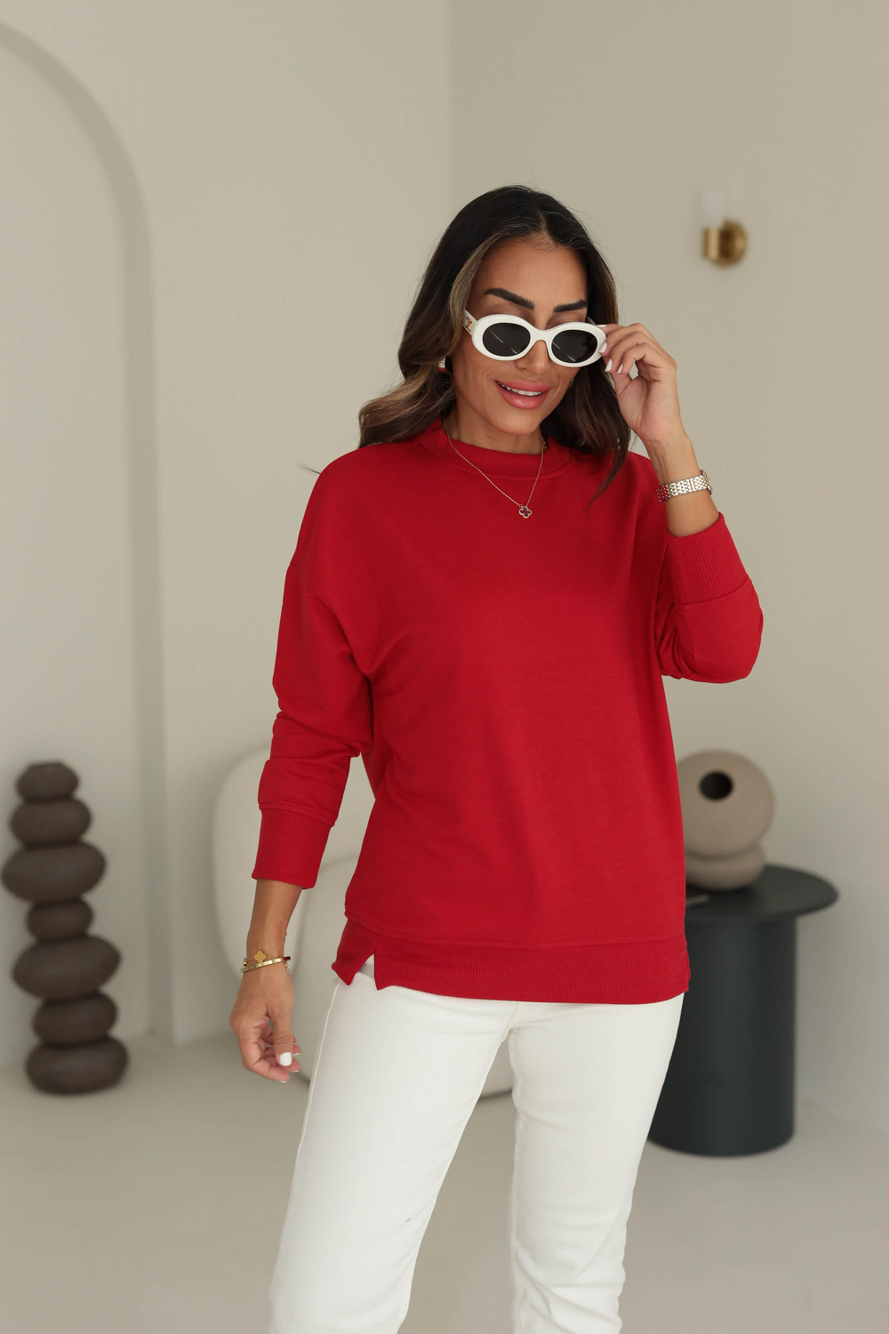 9002 Düz Basic Sweatshirt KIRMIZI