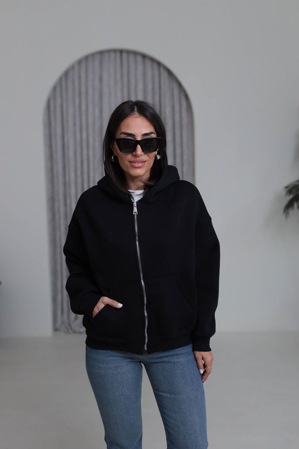 0822 Kapüşonlu Fermuarlı Şardonlu Sweatshirt SİYAH