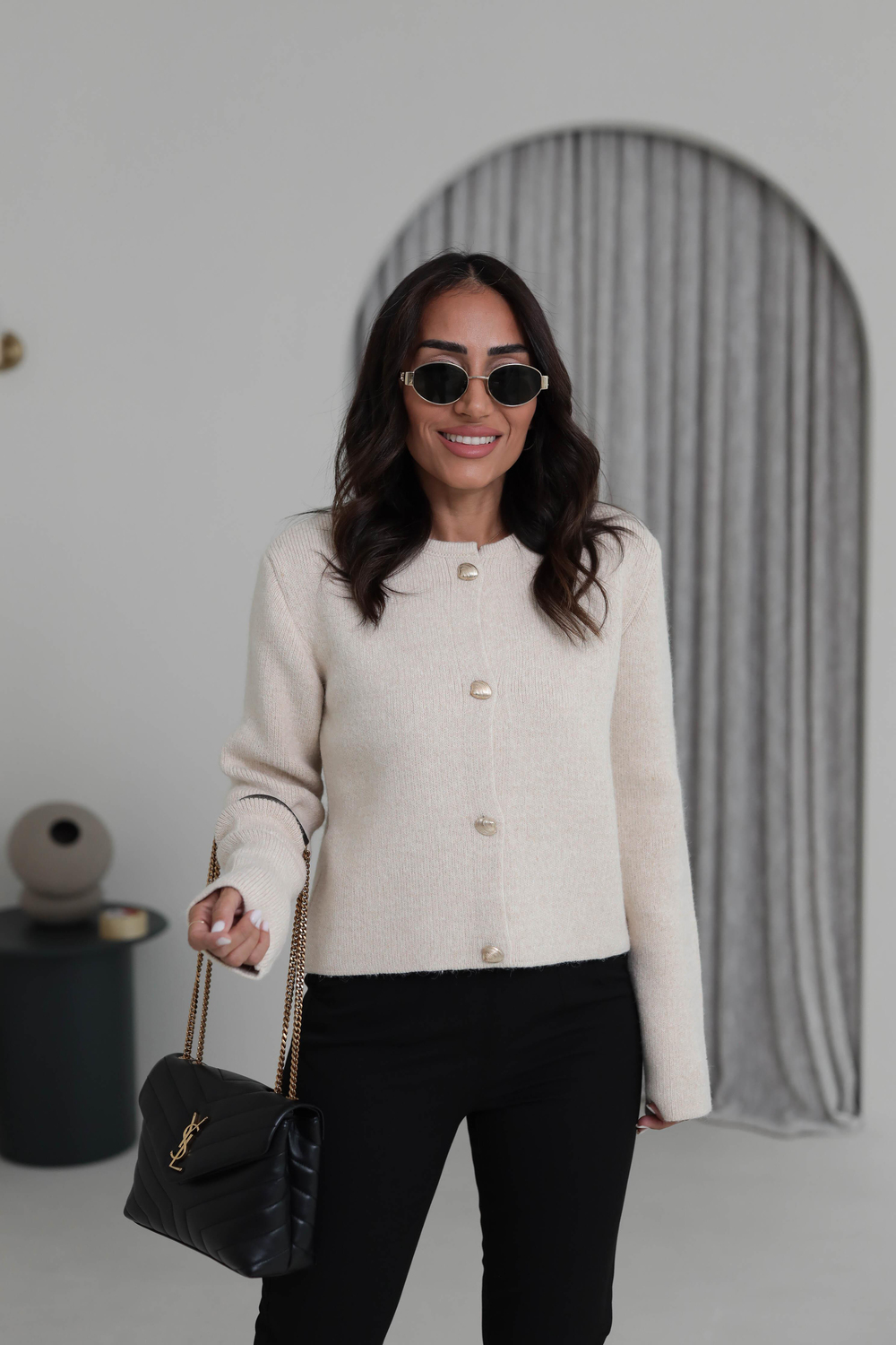 0006 Gold Düğme Detaylı Kalın Doku Hırka EKRU