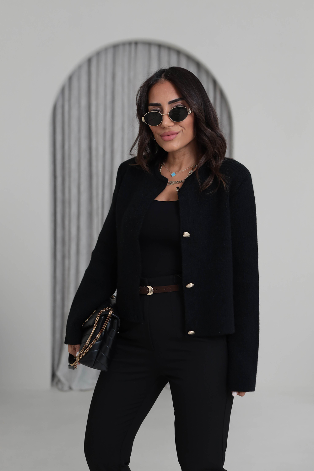 0006 Gold Düğme Detaylı Kalın Doku Hırka SİYAH