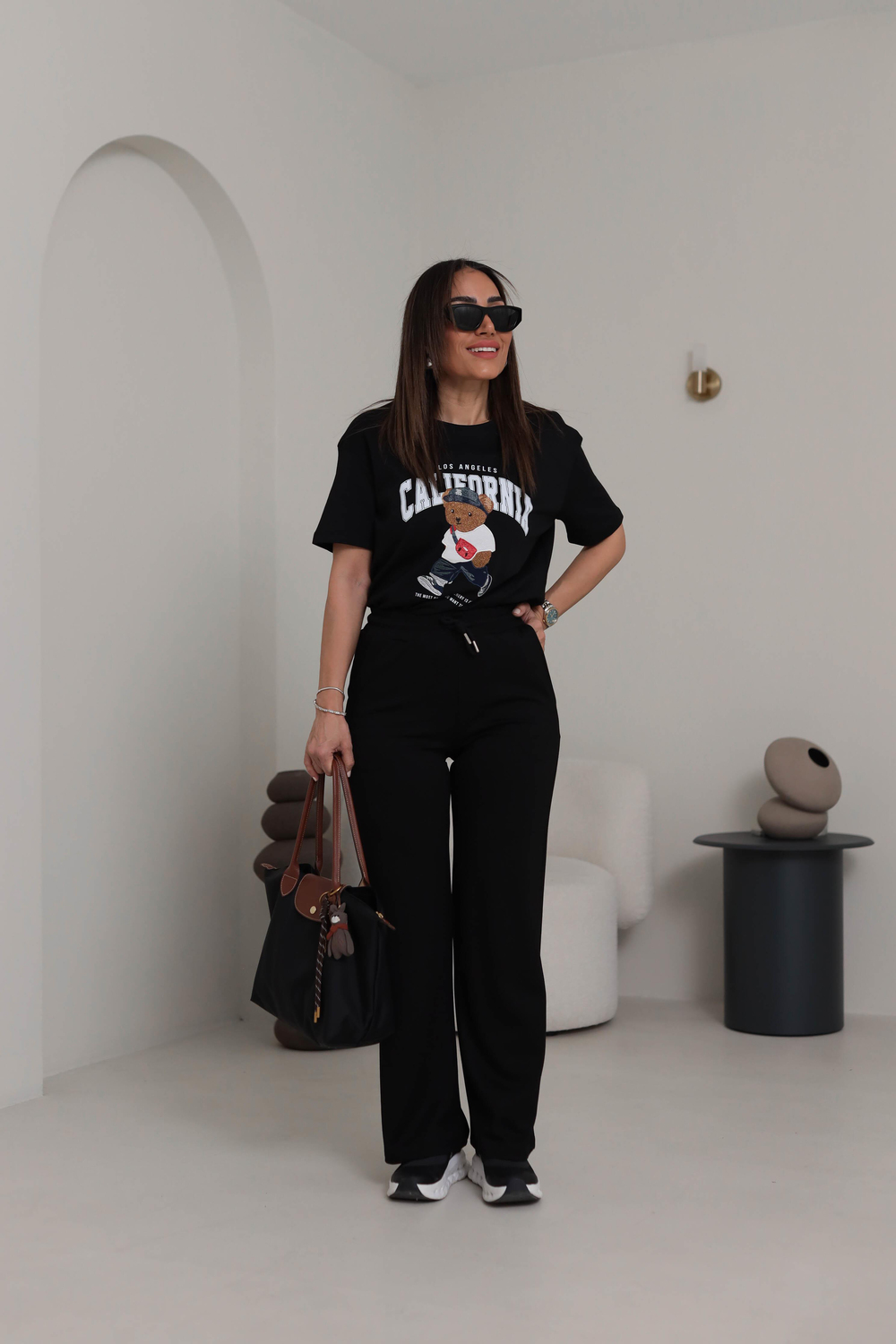 0295 Bisiklet Yaka Tedy Nakışlı Koton Tshirt SİYAH