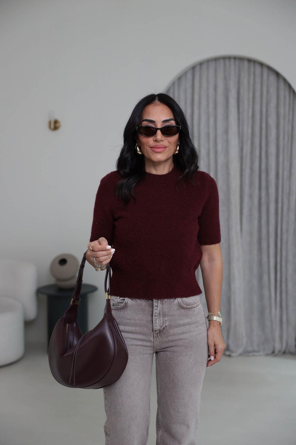4767 Bisiklet Yaka Kısa Kol Triko Bluz BORDO