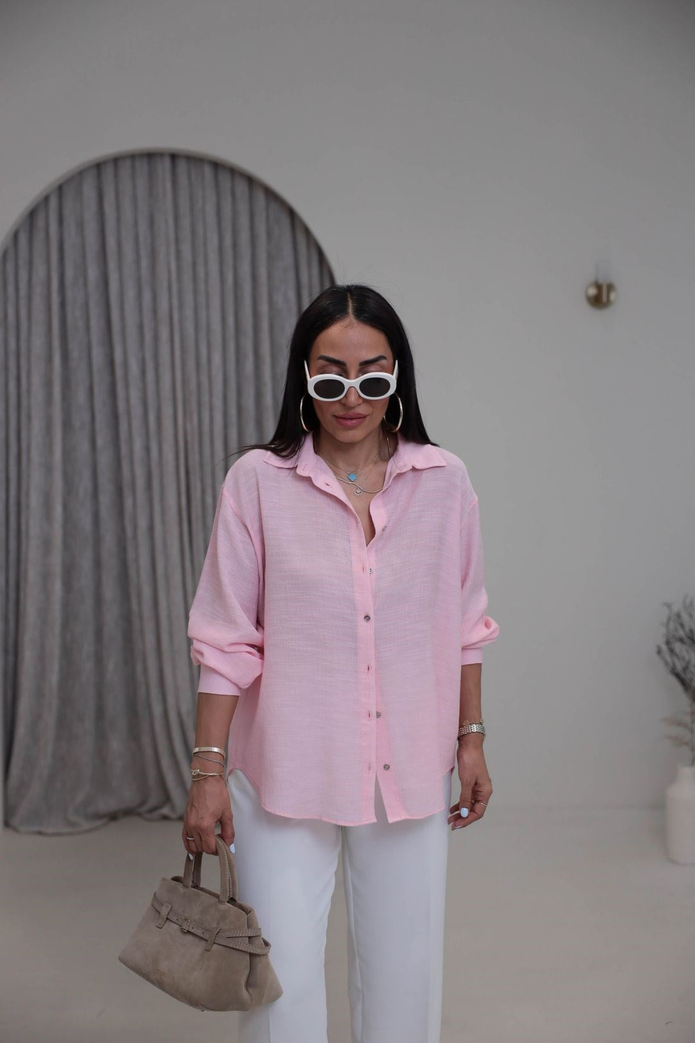 3840 Uzun Kol Dokuma Kumaş Oversize Gömlek ŞEKER PEMBE