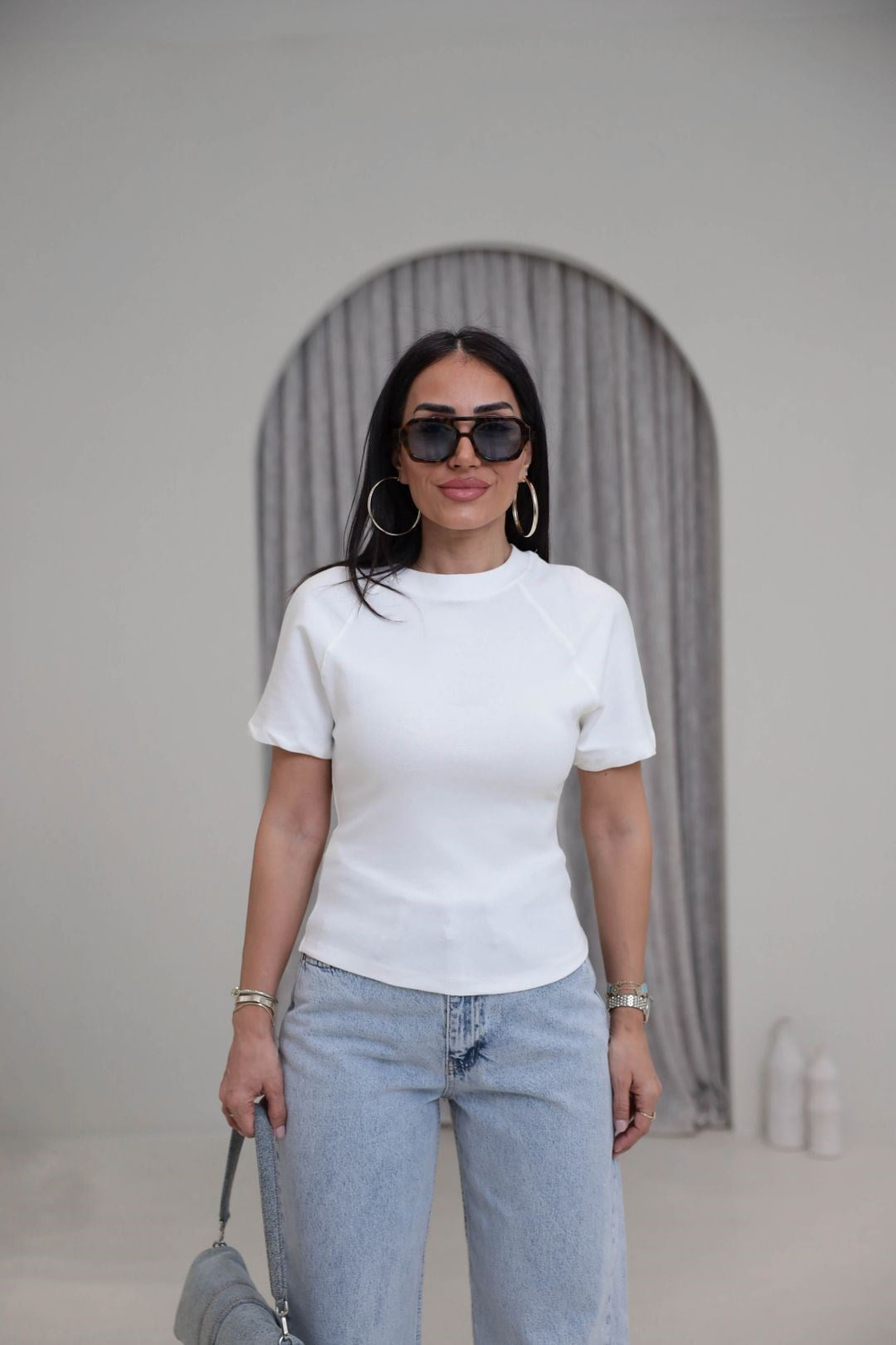 2322 Reglan Kol Yandan Fermuarlı Pamuklu Tshirt EKRU