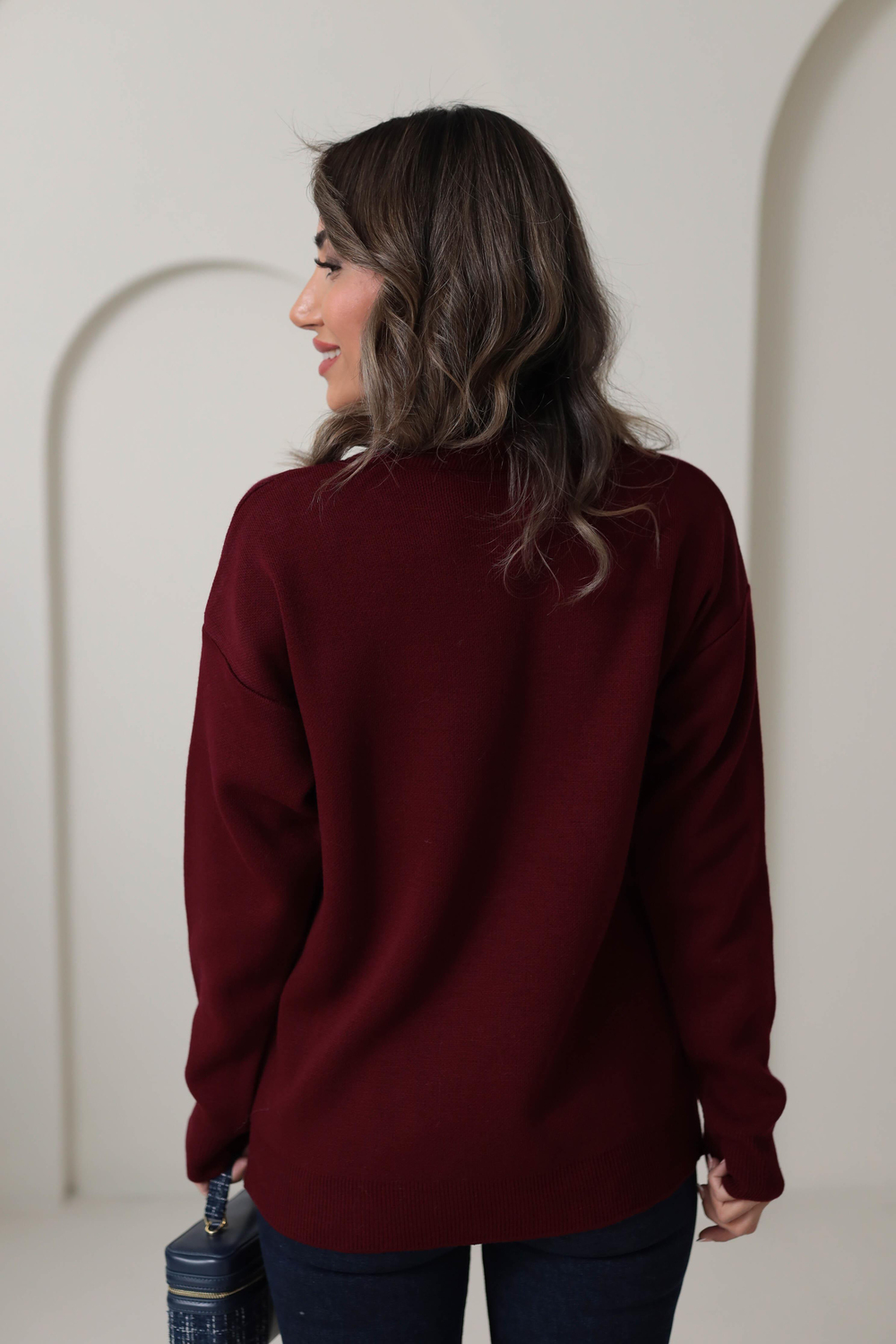 0060 Balıkçı Yaka Kare Desen Kazak BORDO