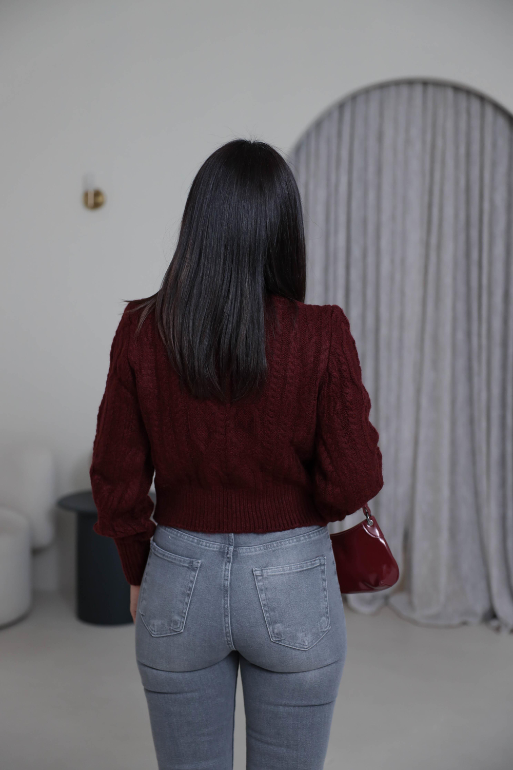 2549 Balıkçı Yaka Örgü Desen Kazak BORDO