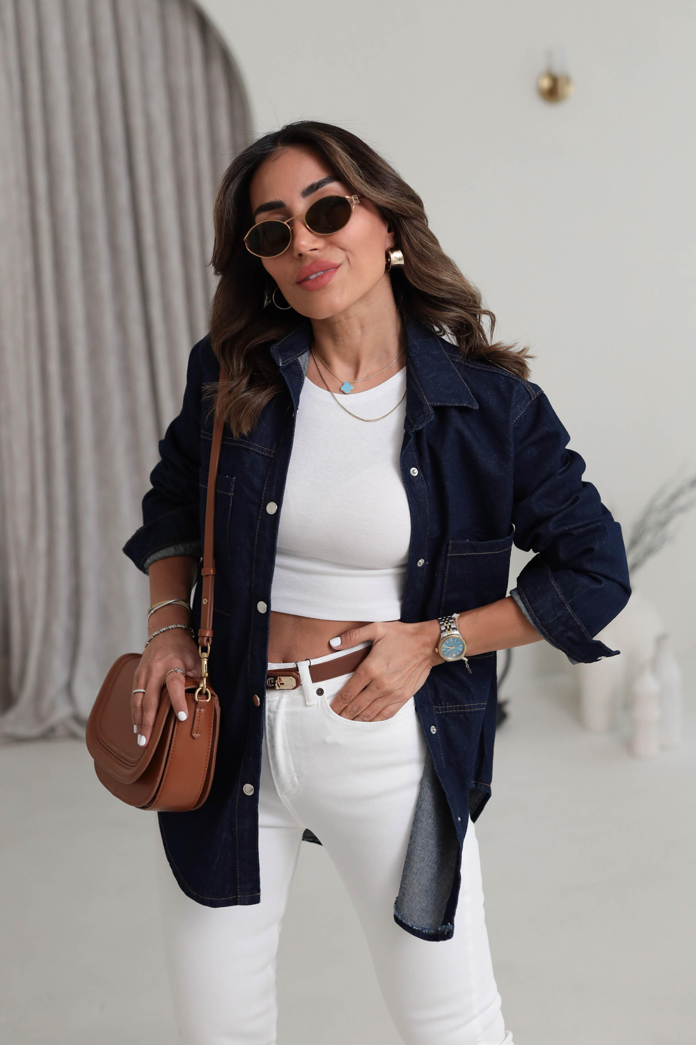 6016 Cep Detaylı Çıtçıtlı Denim Ceket KOYU LACİ