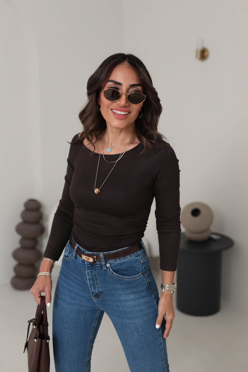 1007 Asimetrik Yaka Yanları Drapeli Modal Bluz ACI KAHVE