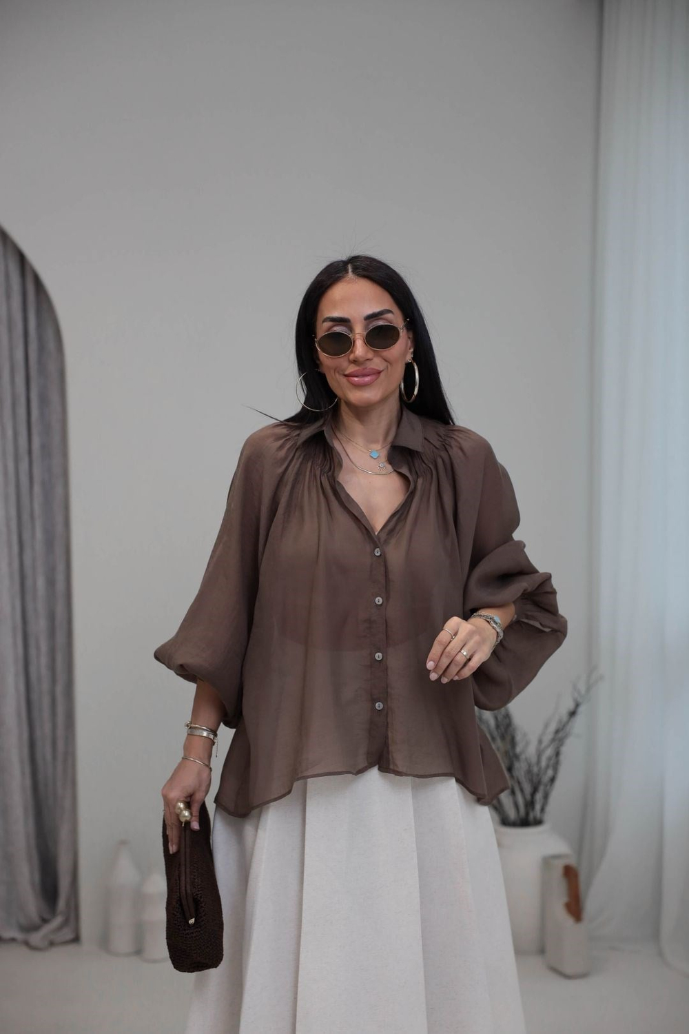 5018 Büzgü Detaylı Tencel Gömlek KAHVE
