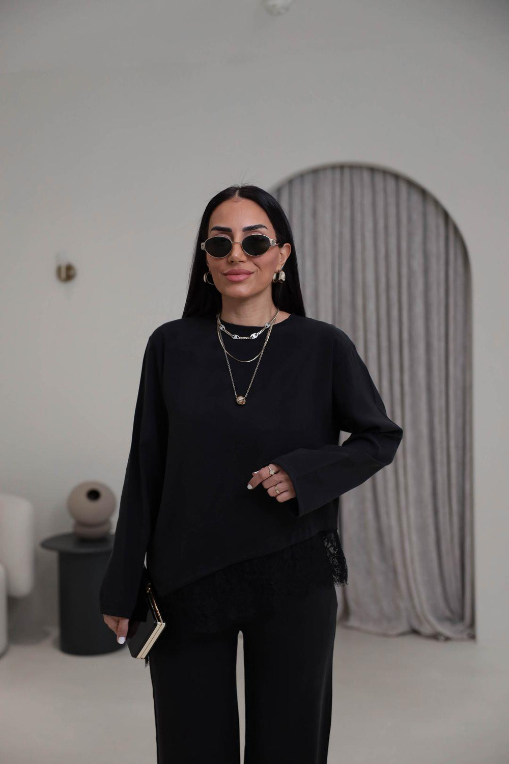 7308 Dantelli Tencel Modal Takım SİYAH