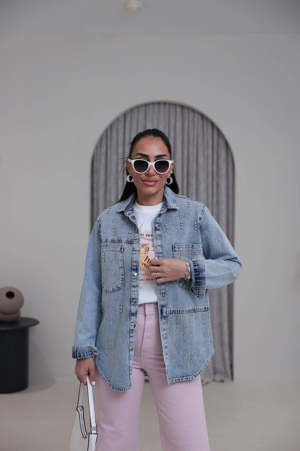 3171 Ön Arka Taş İşlemeli Rahat Denim Ceket BUZ MAVİ