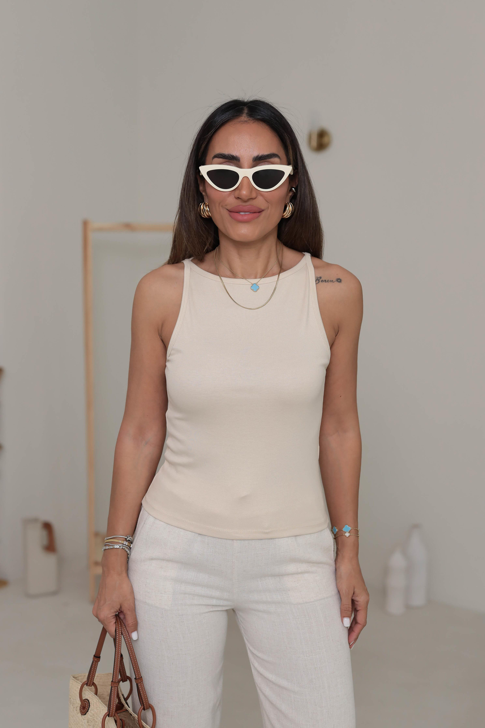 1048 Halter Yaka Pamuklu Top AÇIK BEJ