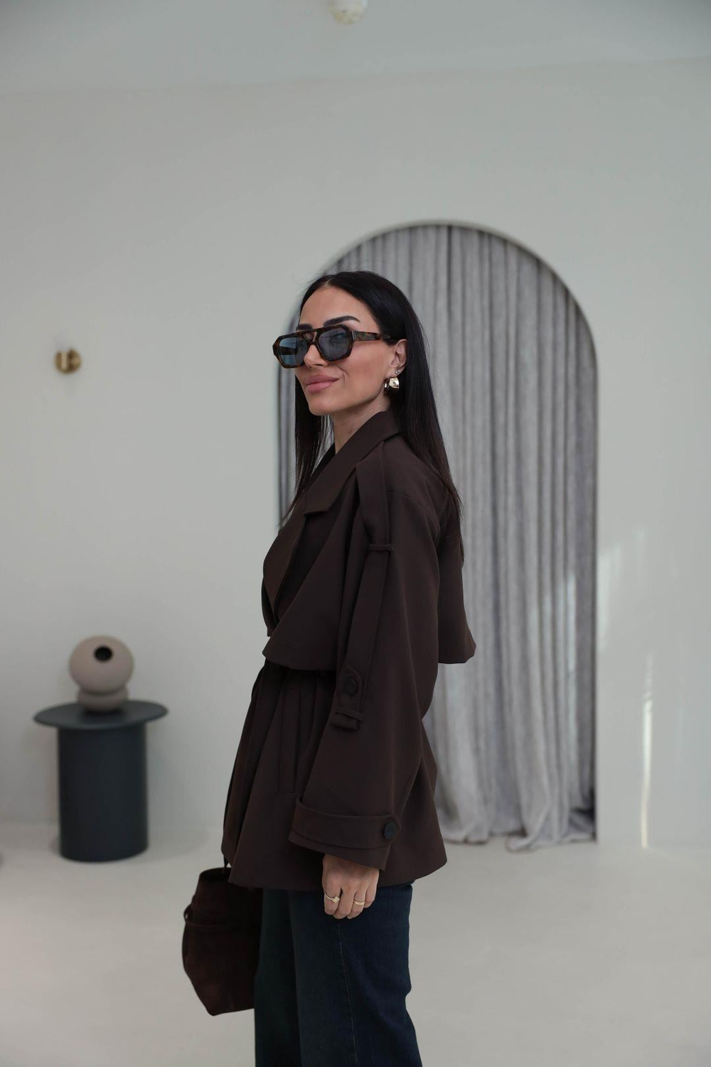 Apoletli Tasarım Astarlı Premium Kısa Trençkot KAHVE