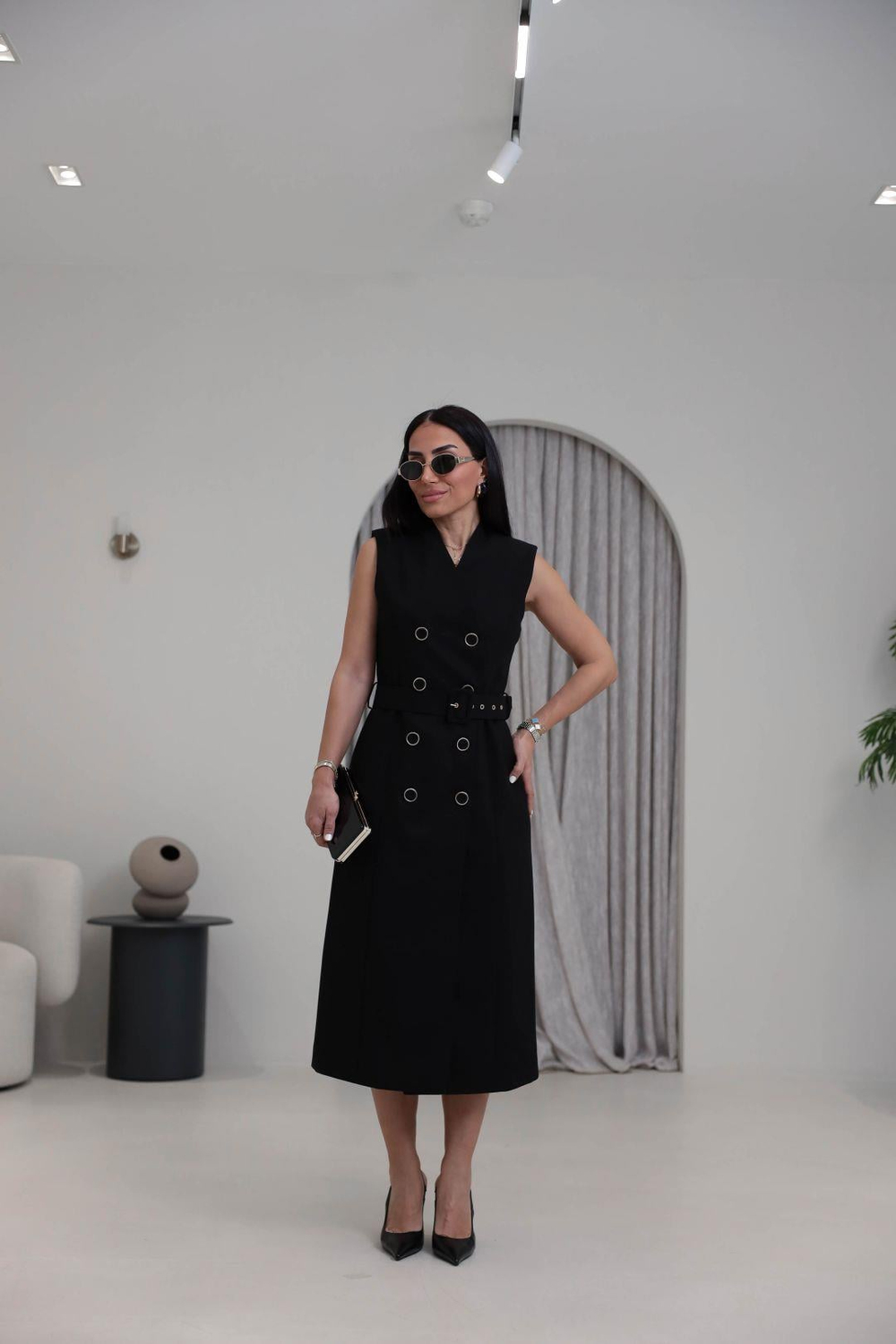 7175 Vatkalı Düğme ve Kemer Detaylı Elbise SİYAH