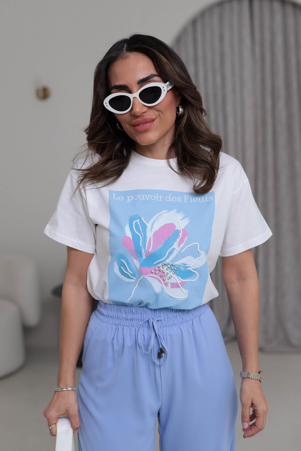 0223 Çiçek ve Taş Detaylı Tshirt MAVİ