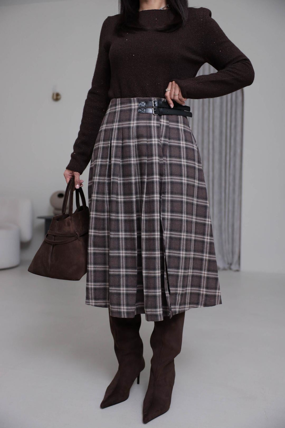 4228 Çift Kemer Detaylı Ekose Etek KAHVE